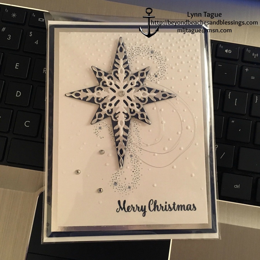 StampinUp CAS Christmas Card made with Star of Light stamp set, Starlight Thinlit Dies, Softly Falling TIEF and Silver Foil Sheets, designed by demo Lynn Tague. See more cards and gift ideas at BeyondBeachesandBlessings.com #BeyondBeachesandBlessings