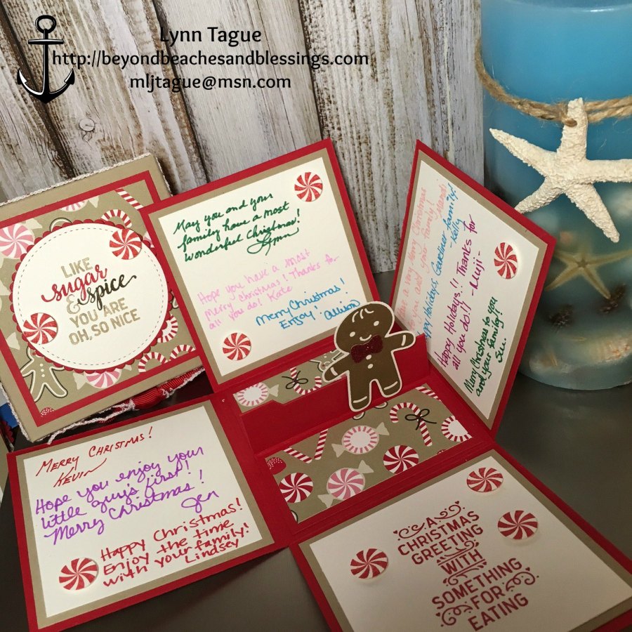 StampinUp, 3D, Explosion Box, Gift Card Holder, made with Candy Cane Lane DSP, Suite Seasons stamp set, Cookie Cutter Christmas stamp set, Stitched Shape Framelits, designed by demo Lynn Tague. See more cards and gift ideas at BeyondBeachesandBlessings.com #BeyondBeachesandBlessings