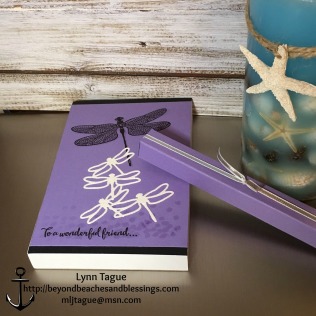 StampinUp, CAS, Note Pad with Pen, made with Dragonfly Dreams stamp set, Detailed Dragonfly Thinlits Dies, Dazzling Diamonds Glimmer Paper, designed by demo Lynn Tague. See more cards and gift ideas at BeyondBeachesandBlessings.com #BeyondBeachesandBlessings