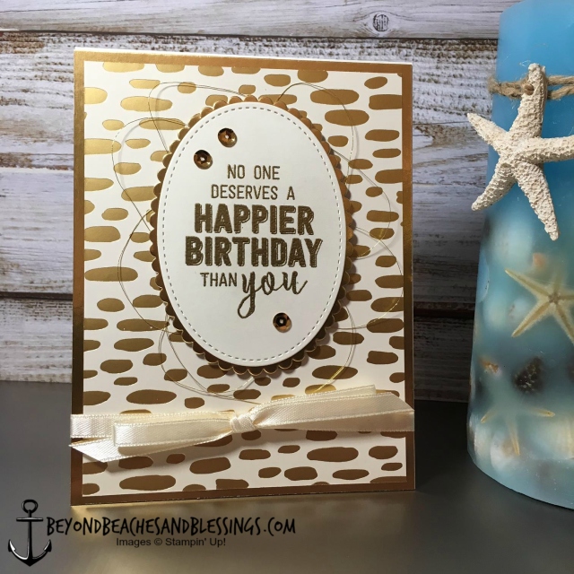 Stampin Up, CAS, Birthday Card, Bundle of Love Specialty Designer Series Paper, Stitched Shapes Framelits, Layering Ovals Framelits, Gold Foil, designed by Demo Lynn Tague, See more cards and gifts ideas at BeyondBeachesandBlessings.com #BeyondBeachesandBlessings